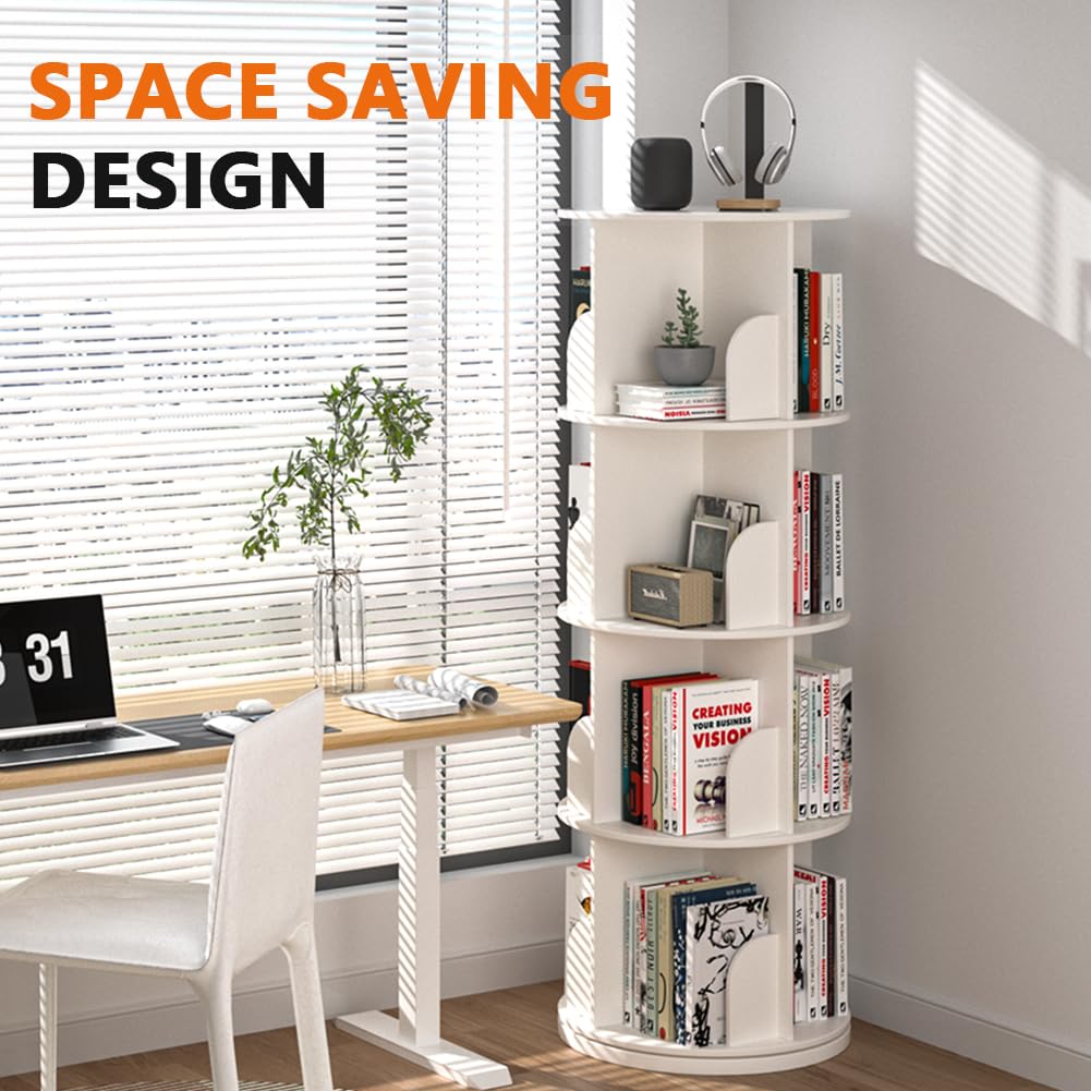Nidouillet Rotating Bookshelf, 4 Tier Spinning Bookcase Tower Lazy Susan, Revolving 360 Book Shelf Storage Round Organizer, Vertical Rotate Turning Corner Book Case for Small Space, White Nidouillet