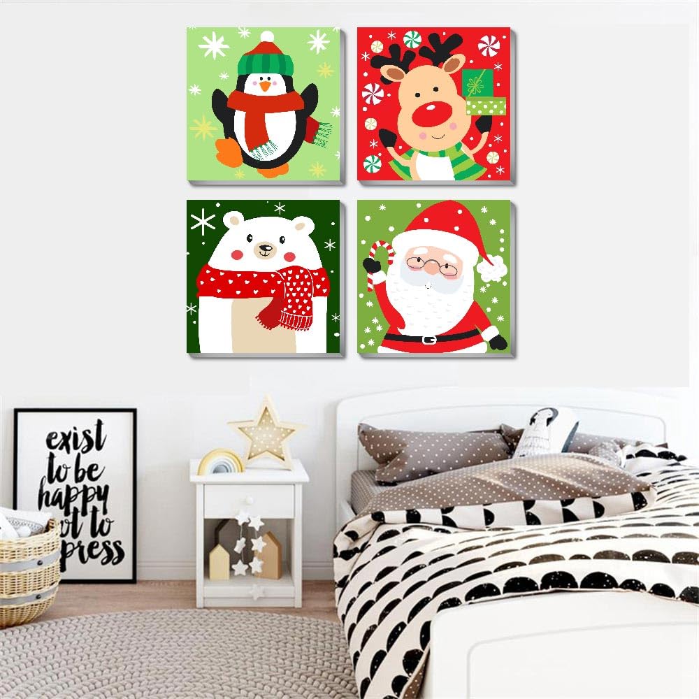 4 Pack Christmas Paint by Numbers Kits for Kids and Adults (with Frame), Cute Cartoon Christmas Paint by Number Kits on Canvas, Simple Acrylic Oil Painting for Beginners, Home Wall Decor 7.8x7.8Inch. Amzdiyfun