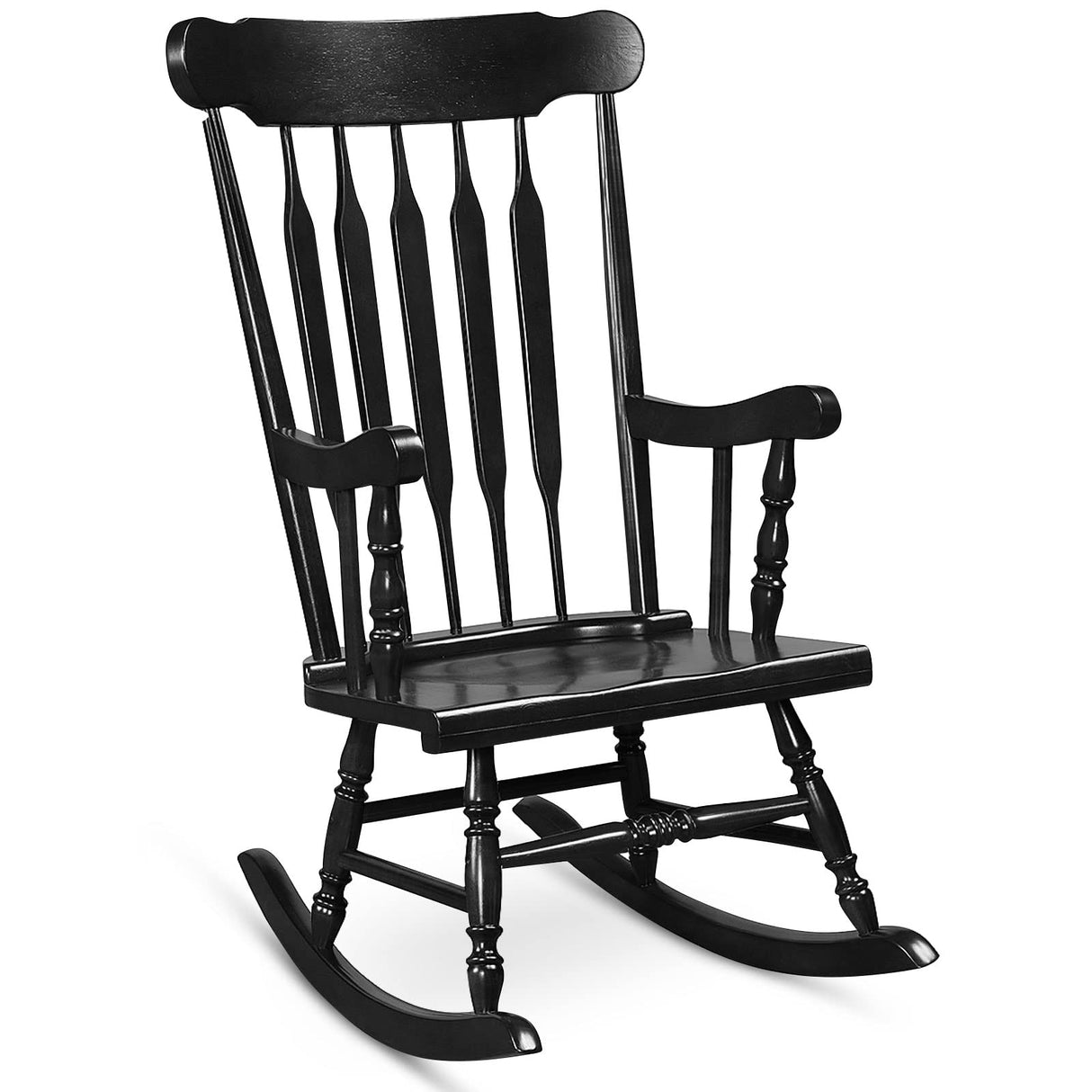 Tangkula Patio Rocking Chair Solid Rubber Wood, Outdoor Porch Rocker Chair with Rubber Wood Frame, Indoor Wooden Rocking Chair, Ideal for Garden, Backyard & Balcony (1, Black) Tangkula