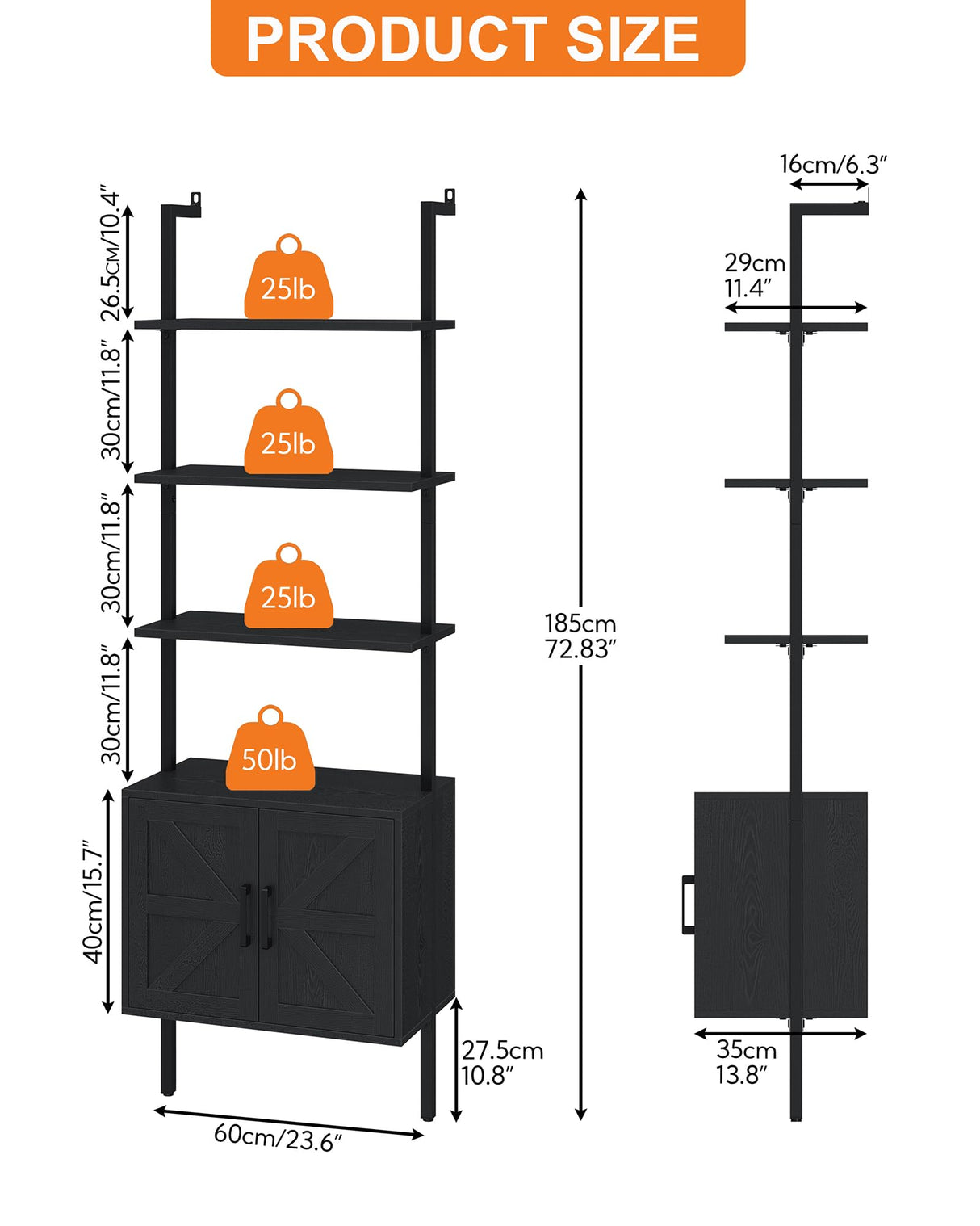 Yusong 73" Tall Bookshelf with Cabinet, Industrial Ladder Wall Mount Shelf Farmhouse Bookcase with Wood and Metal Frame, Plant Shelf Wall Storage Display for Living Room Bedroom, Farmhouse Black Yusong