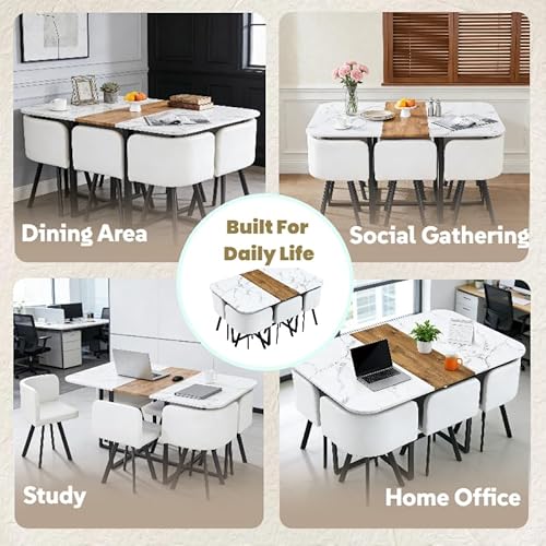 Rejeke 7-Piece Dining Room Table Set for 6,Modern Dining Table Set for 6 with Cushioned Chair, White Kitchen Table Set for Home, Apartment,Office,Conference Room, Space-Saving Rejeke