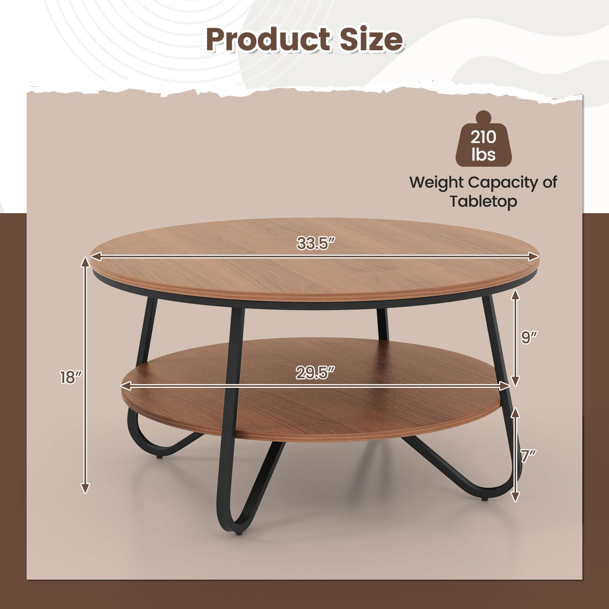 Giantex 2-Tier Round Coffee Table, 33.5" Wood Coffee Table with Open Storage Shelf & Heavy-Duty Steel Frame, Rustic Circle Coffee Table, Mid-Century Center Table for Living Room, Office, Walnut Giantex