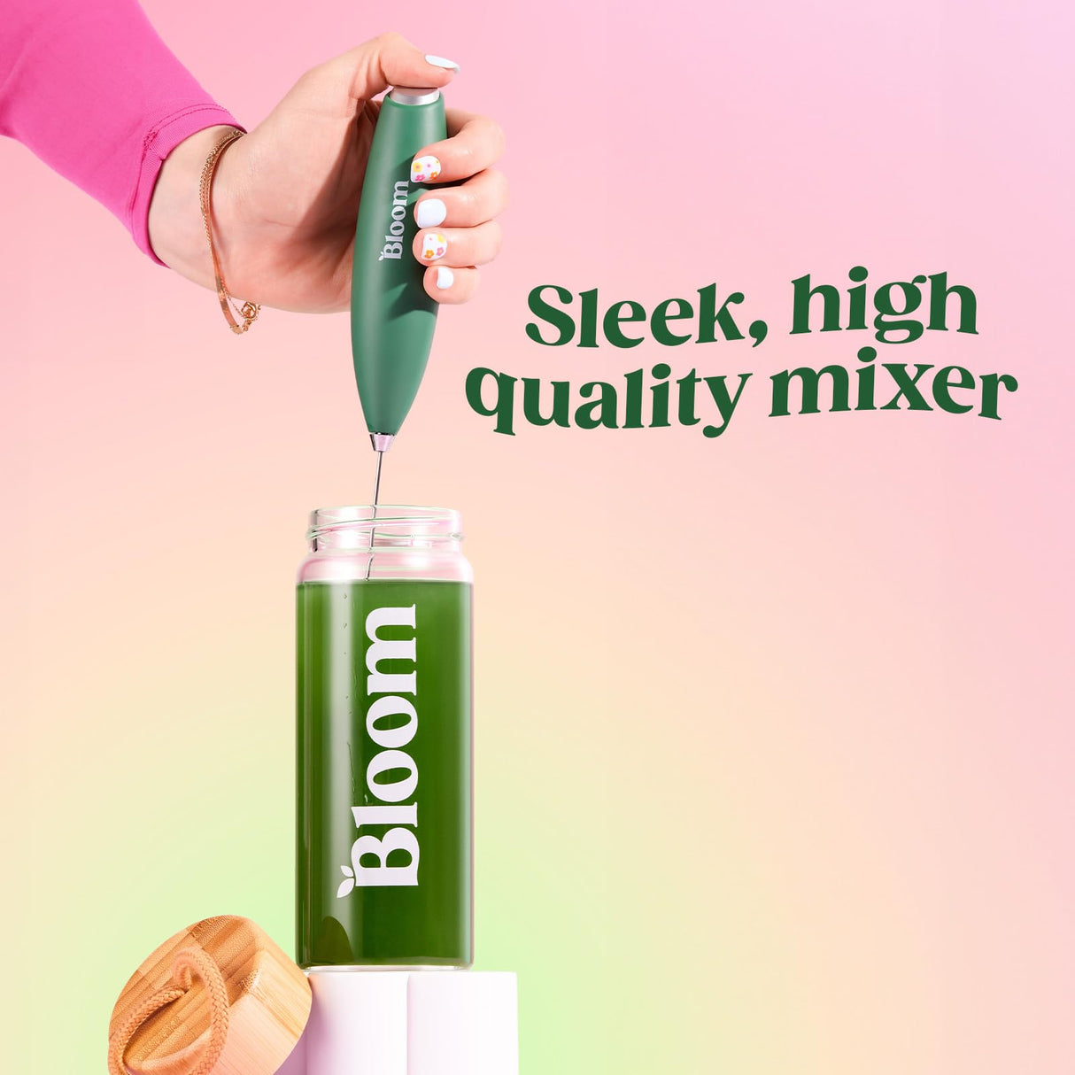 Bloom Nutrition Milk Frother, Hand Mixer, Electric, Handheld Drink Stirrer, Frothing Wand, Foam Maker for Coffee, Matcha, Protein, Greens, Stainless Steel, Battery Operated, Includes Whisk Stand Bloom Nutrition