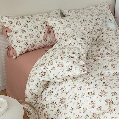 mixinni Vintage Style Girls Pale Pink Flower Pattern Duvet Cover Full Soft Aesthetic Floral Cotton Bedding Set 1 Duvet Cover with 2 Bow Tie Pillowcases for Teen Girl Cute-Full Size