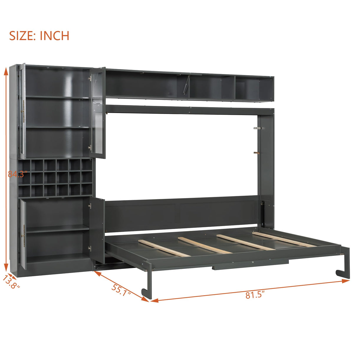 Ball & Cast Murphy Bed Queen Size Wall Bed with Sofa,Hideaway Cabinet w/Shelves USB & Light,can be Folded Bedframe,Glass Cabinet and Retro Handle,Wine,Top Storage,Space-Saving,for Apartment,Gray Ball & Cast