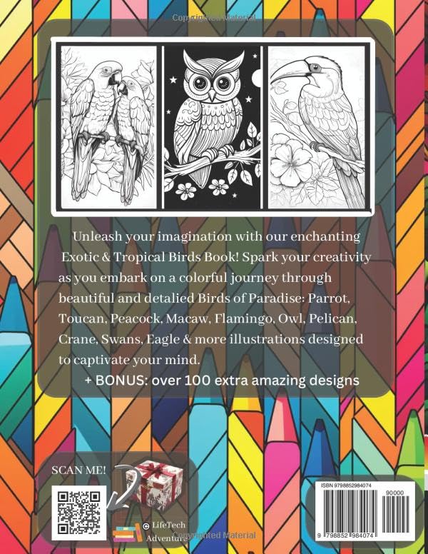 Exotic Birds Coloring Book for Adults Fun Facts on 100 Pages with Beautiful Birds of Paradise: Parrot, Toucan, Peacock, Macaw, Flamingo, Owl, Pelican, ... Journey into the World of Feathered Wonders) Majosta