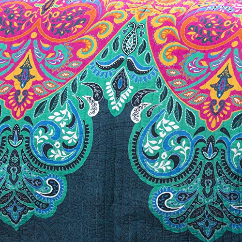 Lush Decor Boho Chic Reversible Cotton Quilt 3-Piece Set, King, Turquoise & Navy - Bright Paisley Print, Vibrant & Colorful Bohemian Bedding Set Lush Decor