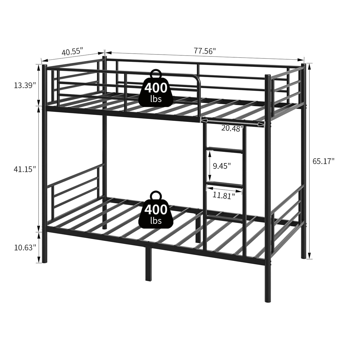 QUJEON Bunk Bed Twin for Kids,Bed Frames with Ladders and Guardrail,Sturdy Literas Heavy Duty Metal Slats,400 lbs Capacity,No Spring Box Required,Black QUJEON
