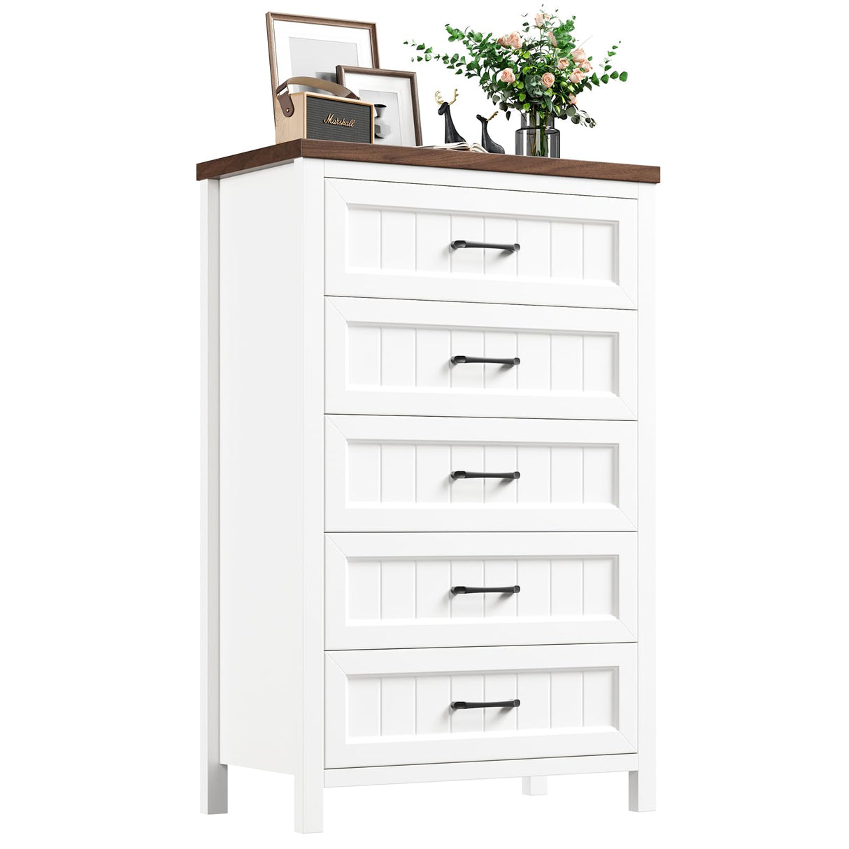 Jocoevol 5 Drawer Dresser for Bedroom - Farmhouse 44.9" Tall Chest of Dresser with Large Storage, Rubst Wood Construction for Living Room, Hallway & Entryway - White (White & Brown) Jocoevol