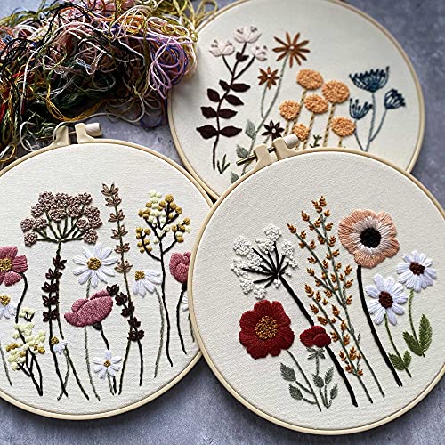 Harimau 3 Pack Embroidery Kit for Beginners , Floral Plant Pattern,Cross Stitch Kits Set , Including Stamped Embroidery Cloth with 3 Embroidery Hoops, Color Threads and Tools (Flower)