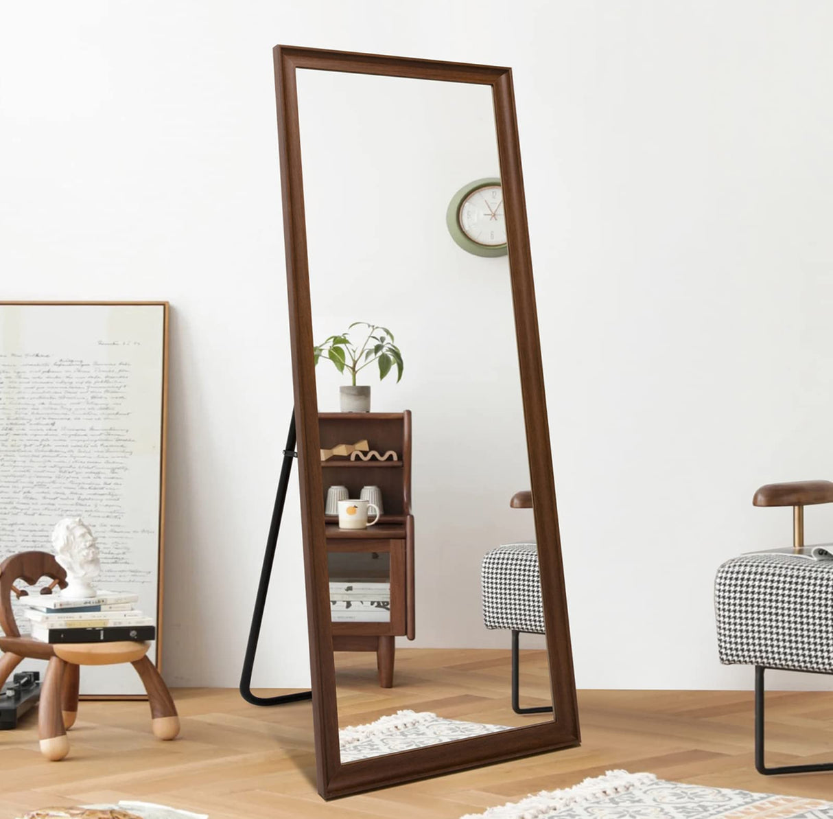 TheiaMo Full Length Mirror Wood Frame, 65×22in Floor Mirror Full Body Mirror with Standing Holder Hanging Wall Mirror, Stand Large HD Mirror, Dressing Mirror for Bedroom/Living Room, Walnut TheiaMo