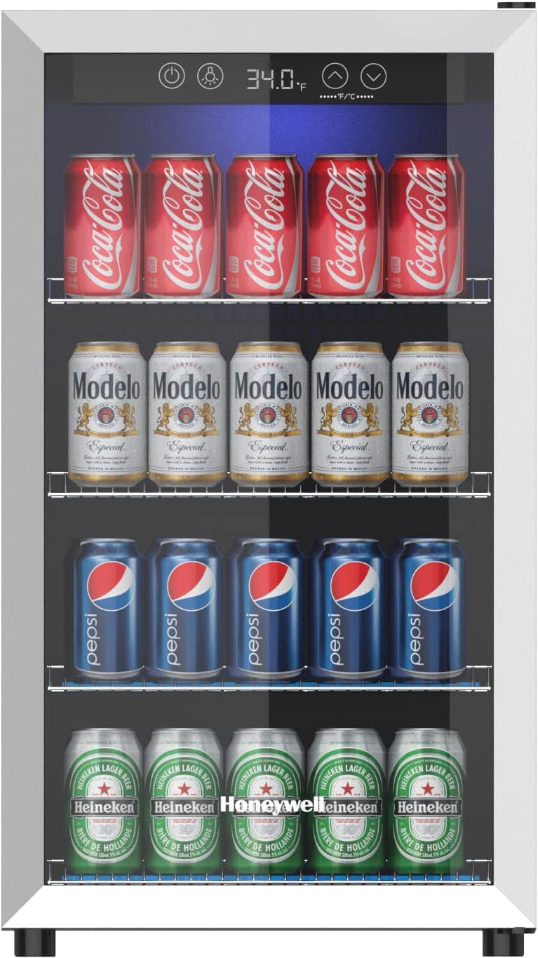 Honeywell Beverage Refrigerator and Cooler, 115 Can Mini Fridge with Glass Door for Soda Beer or Wine for Office or Bar with Adjustable Removable Shelving Honeywell