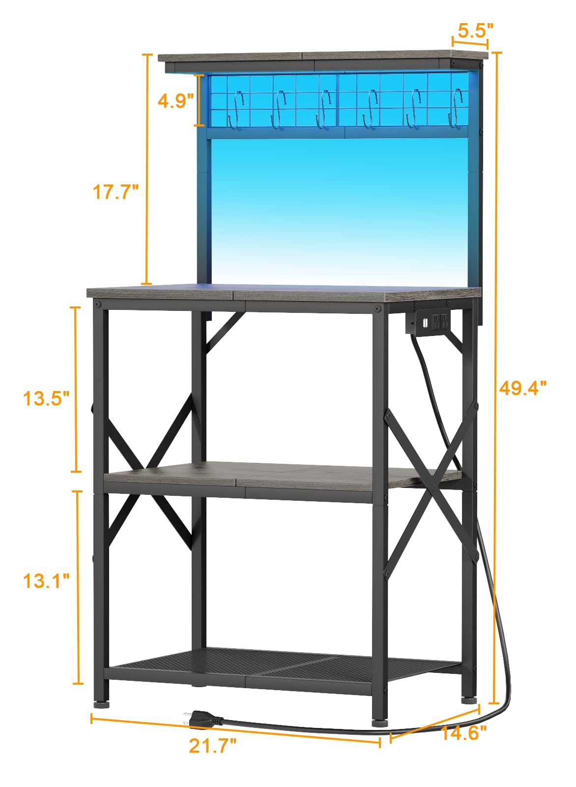 Furologee Bakers Rack with Power Outlet and LED Light, Small Coffee Bar Station with 4 Tier Shelves, Microwave Stand Table with 6 S Hooks, Kitchen Storage Rack for Spices, Pots, Black Oak Furologee