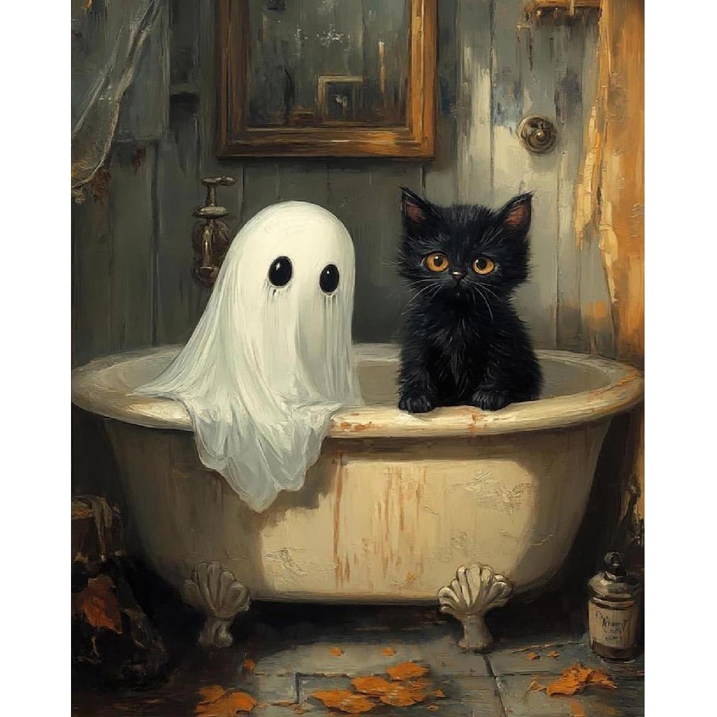 Halloween Paint by Numbers Kit for Adults, Ghost Oil Painting by Numbers with Brushes, Black Cat Art and Crafts Canvas Kit for Beginner Home Decor 16x20 inch / 40x50 cm Clendo