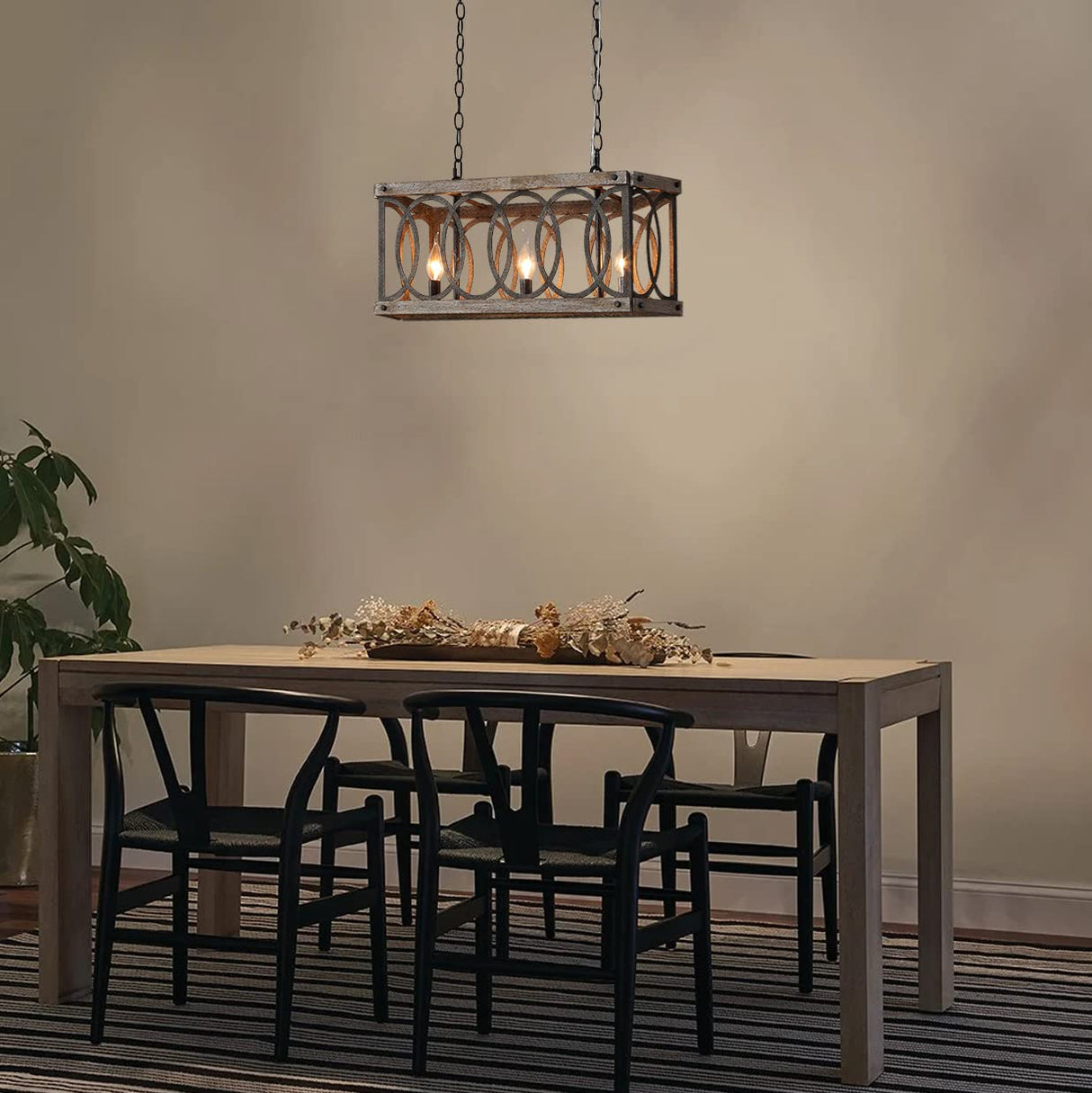 PHILOMENA Antique Wood Farmhouse Chandelier, 3-Light Rustic Bronze Cage Rectangular Dining Room Light Fixtures Over Table, Rectangle Linear Foyer Pendant Lamp Ceiling Hanging PHILOMENA