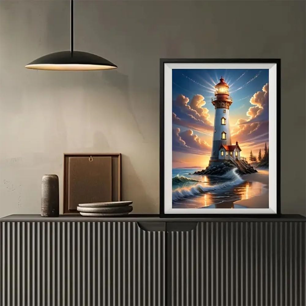 Diosedyer Lighthouse Sunset Diamond Painting Kit 5D DIY Diamond Painting Kit Full Round Ideal for Christmas & Halloween Decor, Perfect for Bedroom, Living Room Wall Art 11.8x15.7inch Diosedyer