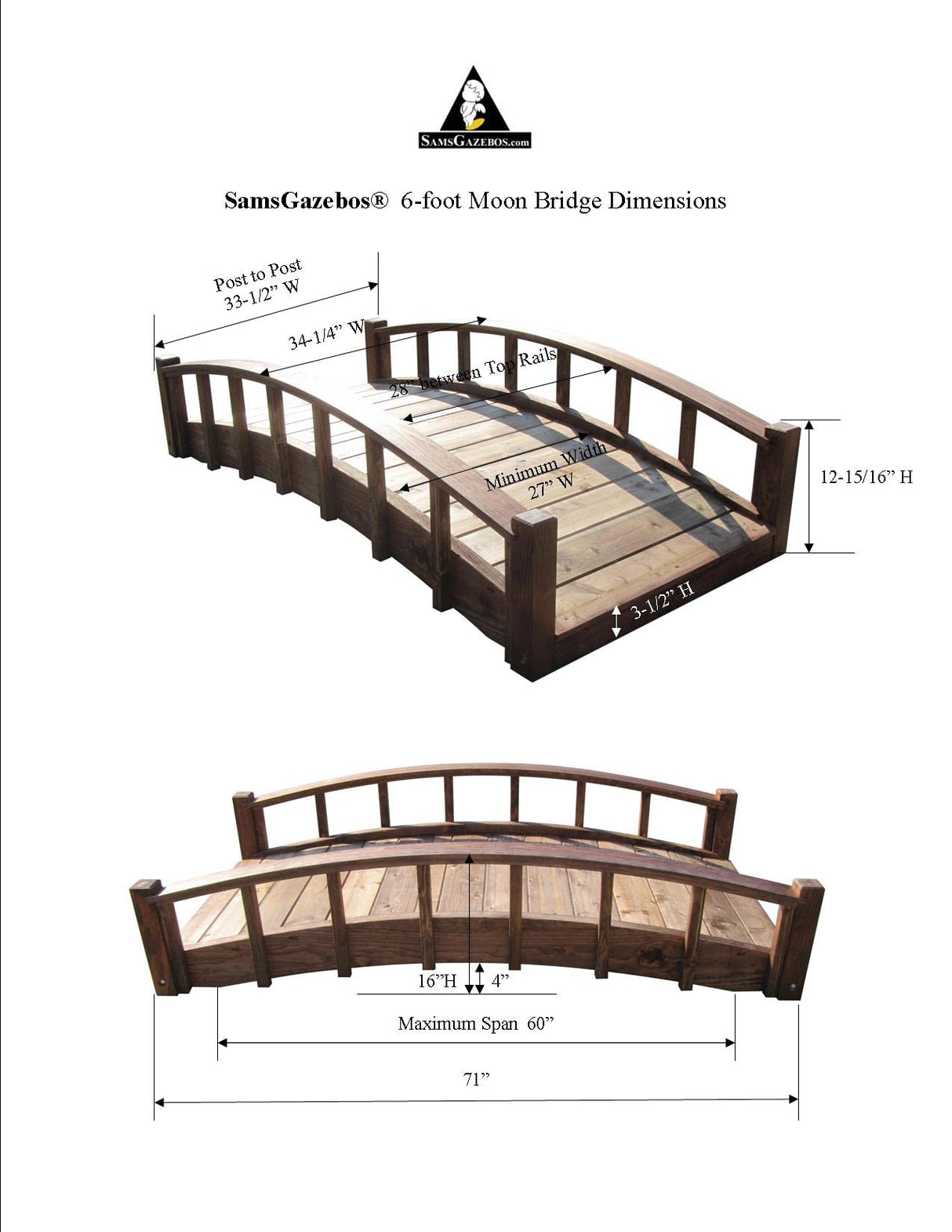 SamsGazebos Moon Bridges Japanese Style Arched Wood Garden Bridges, 6-Feet, Brown SamsGazebos