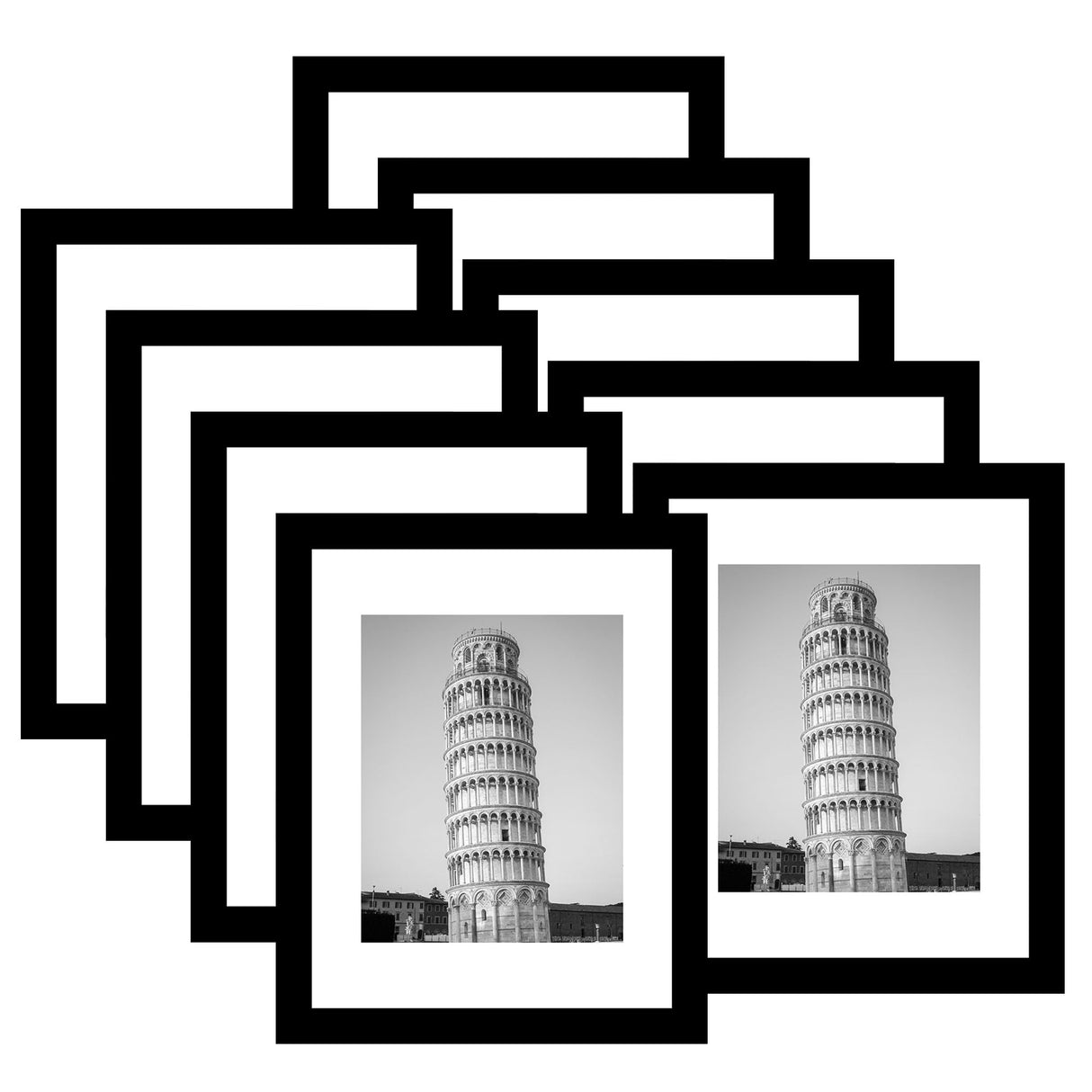 Wiscet11x14 Picture Frame Set of 9, Display Pictures 8x10 with Mat or 11x14 Without Mat, Photo Frame for Wall Mounting or Tabletop Display, Black. Wiscet
