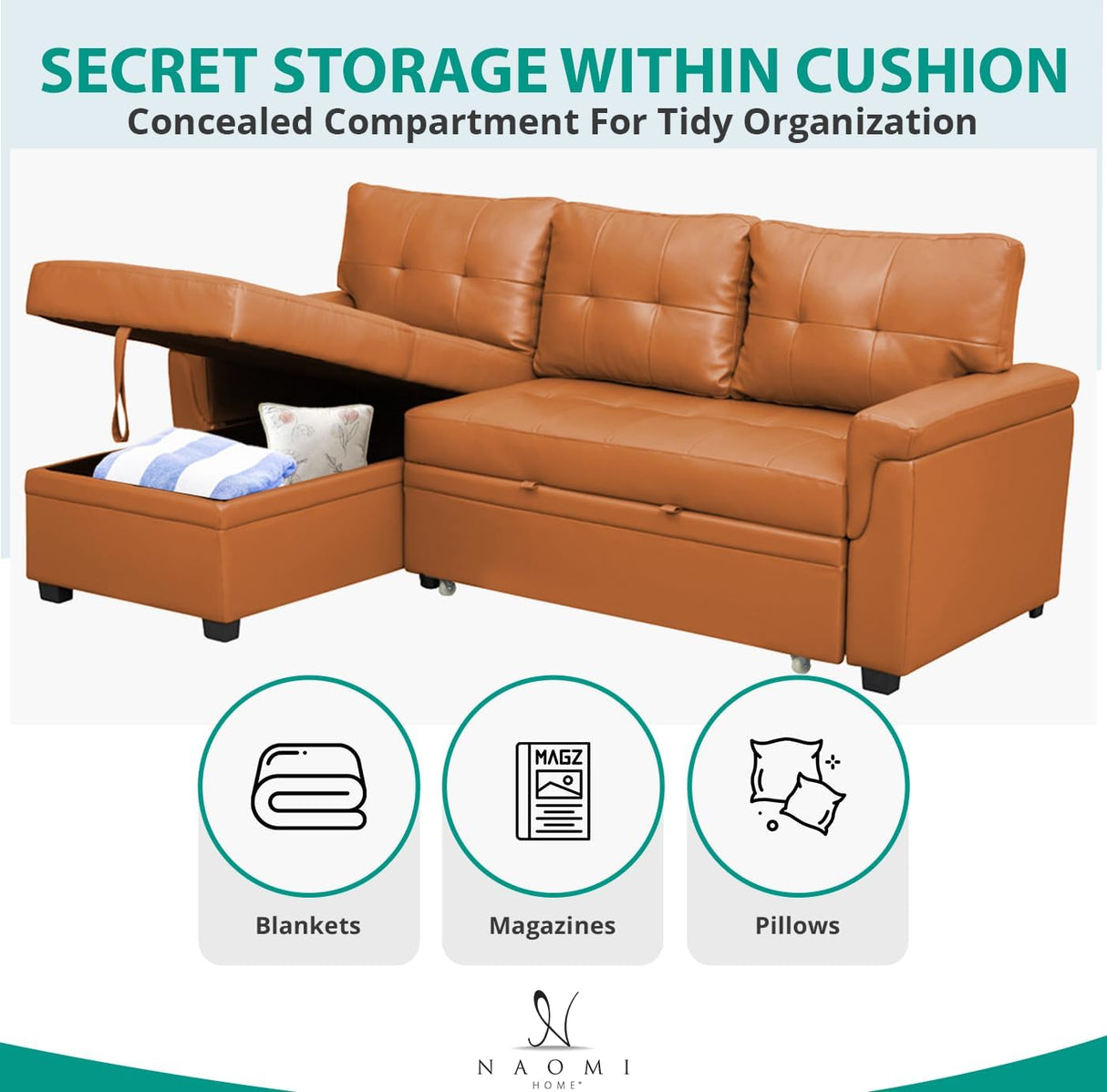 Naomi Home Jenny Sectional Sofa Sleeper with Storage Chaise, Tufted Pull Out Couch with Storage, Sectional Bed, L-Shaped Reversible Sleeper Sofa, Caramel,Air Leather Naomi Home