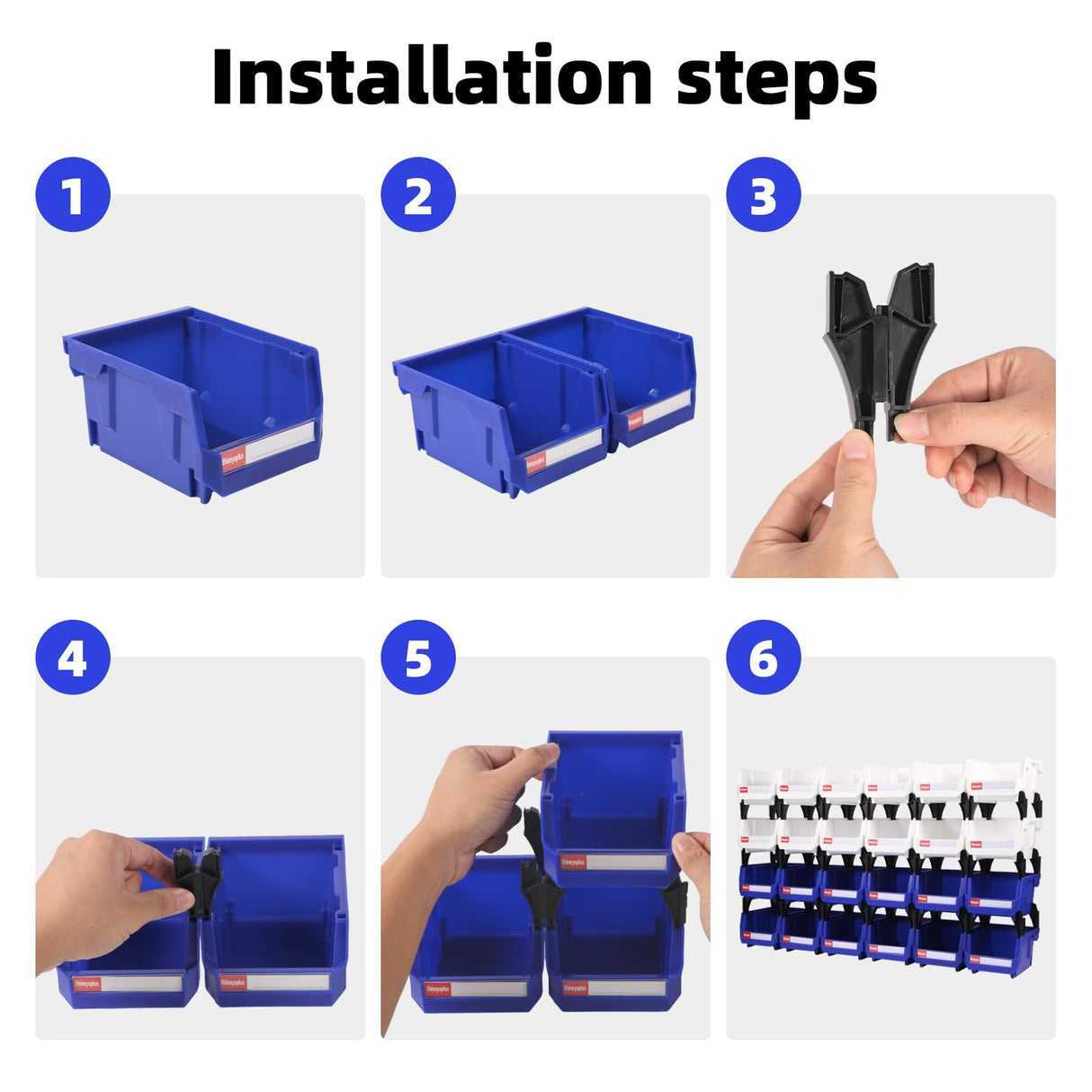 Shineyaplus Stackable Storage Bins 24 Pack (5x4x3 Inch), Plastic Stackable Storage Organizer Bins Wall Mounted Hanging Small Parts Bin for Garage, Workbench & Office (Blue & White) Shineyaplus
