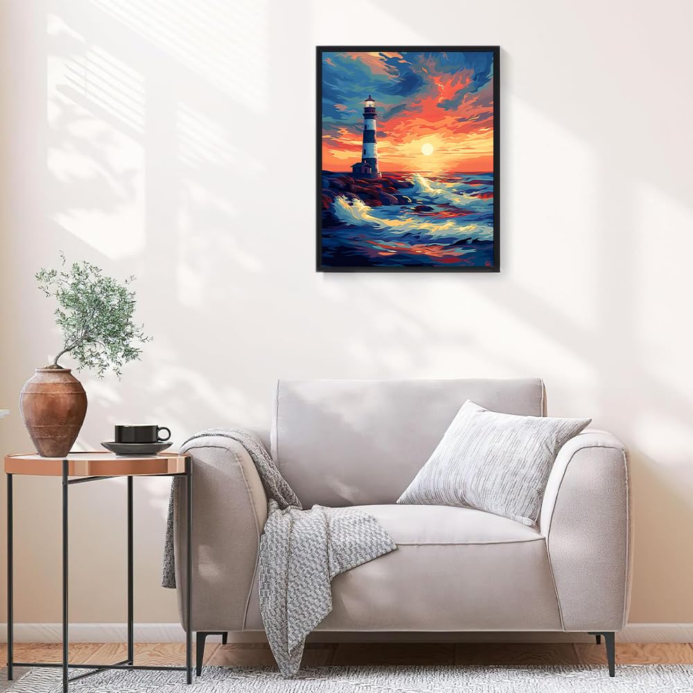 Natuyalo Paint by Numbers for Adults Beginner, Lighthouse Acrylic Easy Paint by Numbers Kits Sunset Seascape Craft Kits for Adults Suitable for Home Wall Decoration Flameless 16x20 Inch Natuyalo