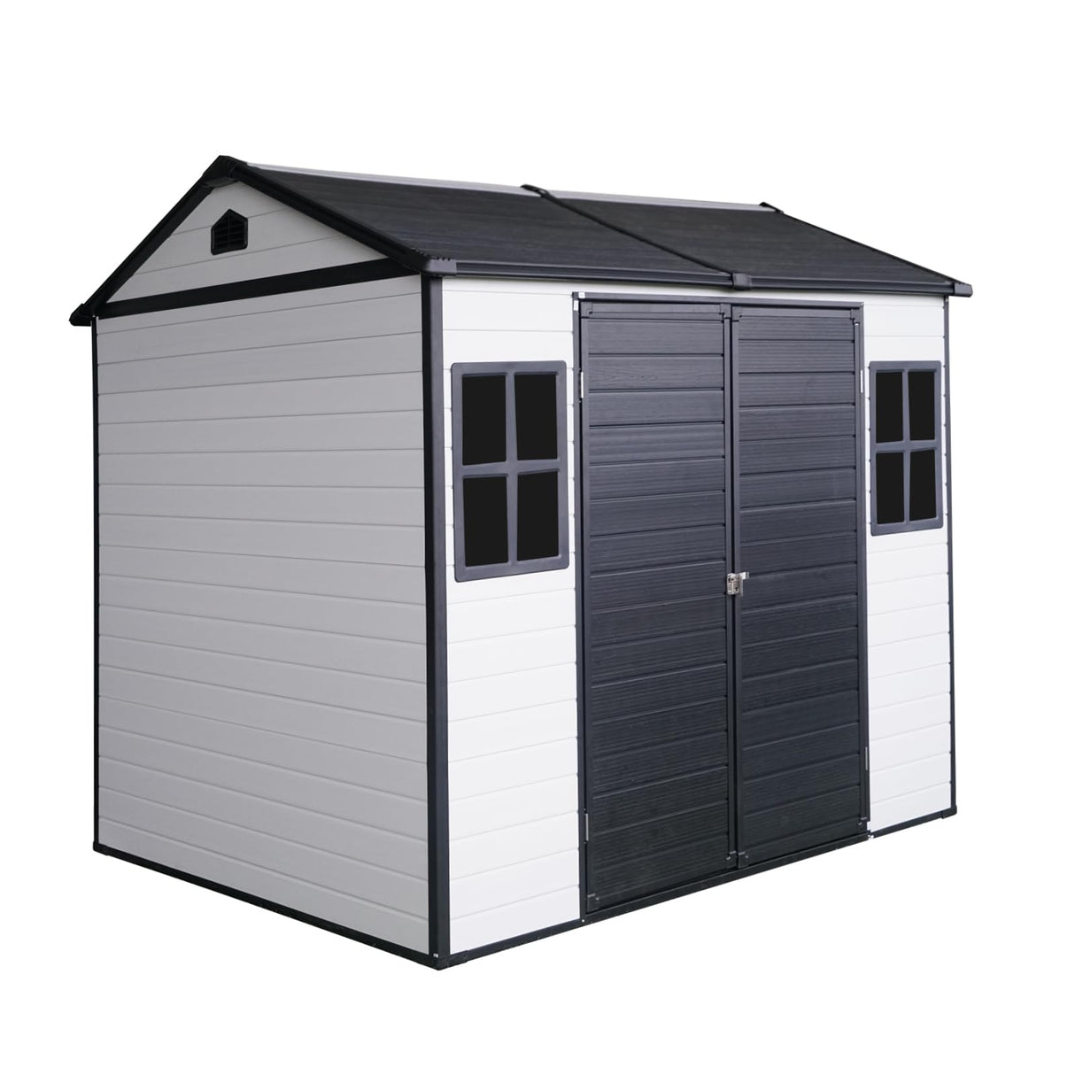 8x6 FT Outdoor Storage Shed, Resin Garden Shed with Thick Floor, Plastic Storage Shed with 2 Windows, Waterproof Outside Tool Shed with Lockable Hinged Doors for Backyard, Patio, Lawn, Black+White BNSPLY