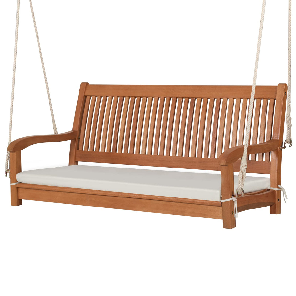 Tangkula 2 Person Hanging Porch Swing, Outdoor Bench Swing with Hanging Ropes, High Back, Cozy Armrests, Heavy Duty 800Lbs Wooden Hanging Swing Chair with Cushion for Backyard, Deck, Garden Natural Tangkula