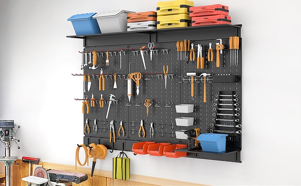 WALMANN 113 PCS Pegboard Wall Organizer Kit with Pegboard Hooks, Bins, Shelves, Pegboard Tools Storage System for Garage, Workbench, Modular Peg Board Tool Organizer Board with Hooks(Black) WALMANN
