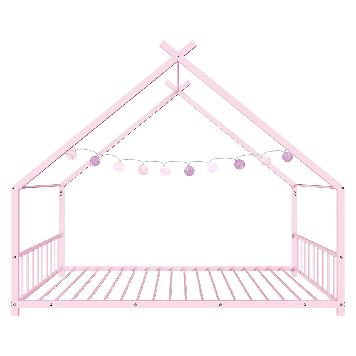 Karl home Twin Size Toddler Floor Bed, Metal Montessori Bed with Slats & Fence, Roof/House/Canopy Bed Frame for Girls, Boys, No Box Spring Needed, Pink Karl home