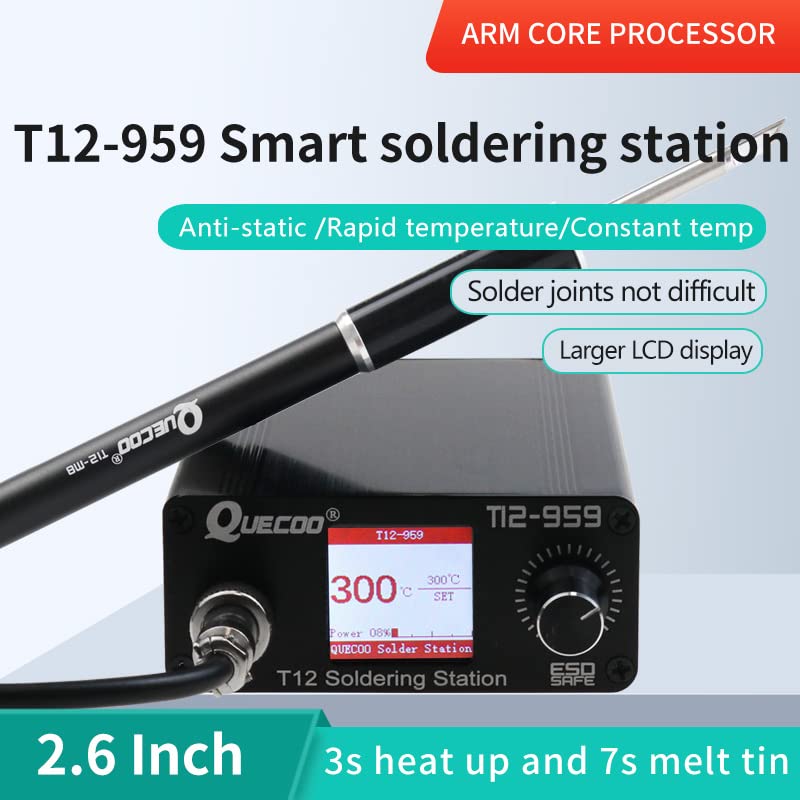 QUECOO T12-959 Soldering Iron Station Kit, LCD Screen with T12 Soldering Iron Tips, Heating up Fast, Automatic Standby-Automatically Wake up, for Electronic Repairing, With K tip (SET1) QUECOO