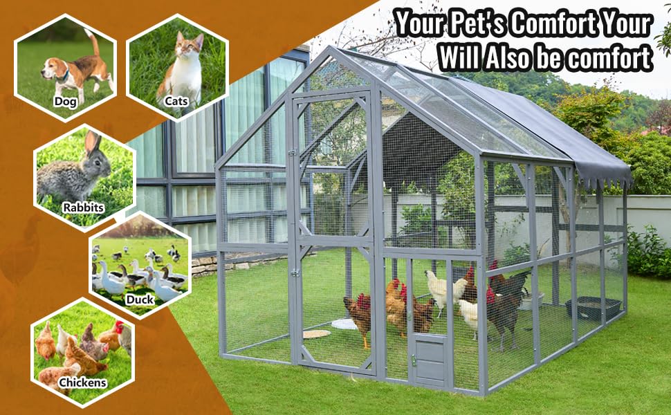 YOPTO 109.6'' Large Wood Chicken Coop Enclosures,Walk-in Poultry Cage, Chicken Run Pen Duck House with Waterproof and Anti-Ultraviolet Cover for Outdoor Farm Use Spire Roof, Grey YOPTO