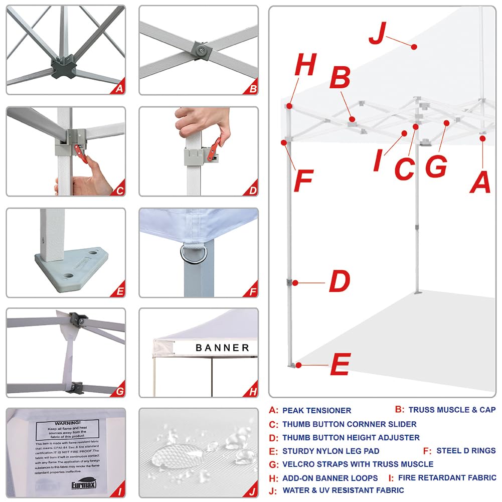 Eurmax USA 10'x20' Pop Up Canopy Tent Commercial Instant Canopies with Heavy Duty Roller Bag,Bonus 6 Sand Weights Bags (White) Eurmax