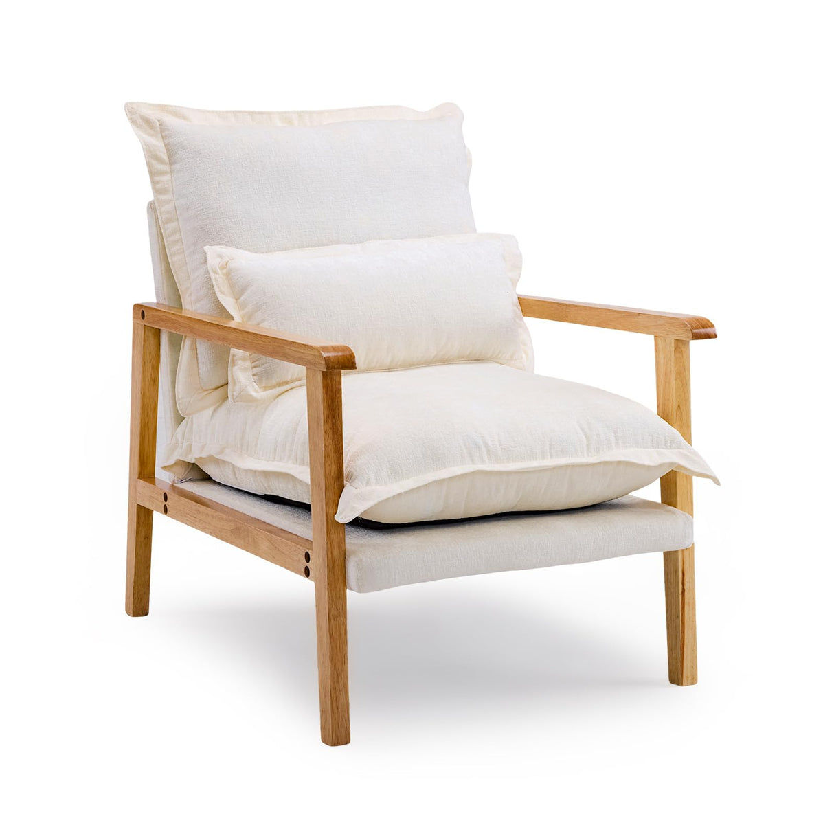 VINGLI Mid-Century Modern Cloud Accent Armchair with Lumbar Pillow, 6.3'' Thick Seat Cushion Comfortable Lounge Chair with Wooden Armrests for Bedroom, Living Room, Reading Room, Beige VINGLI