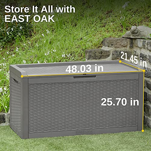 EAST OAK Outdoor Storage Box, 100 Gallon Deck Box, Waterproof Resin Storage Bench for Patio Cushions, Gardening Tools, Pool Toys, Lockable, UV Resistant, Grey EAST OAK