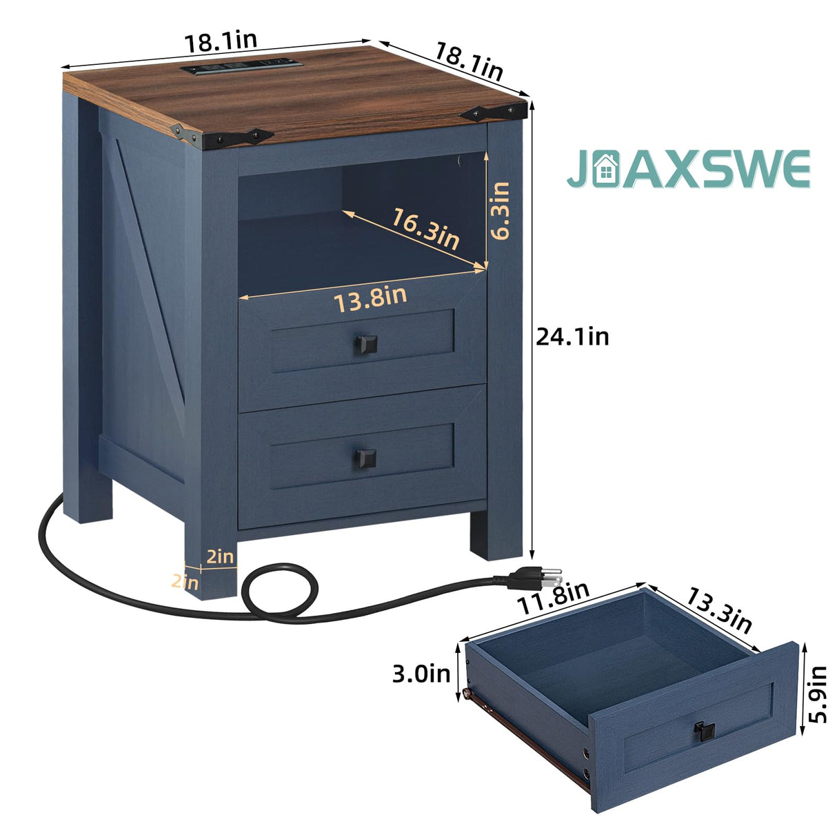 Joaxswe Nightstand with Charging Station, Farmhouse Night Stand with 2 Drawers and Shelf Storage, Blue Wooden Side End Table, Bedside Cabinet for Bedroom, Living Room, Closet,Office Joaxswe