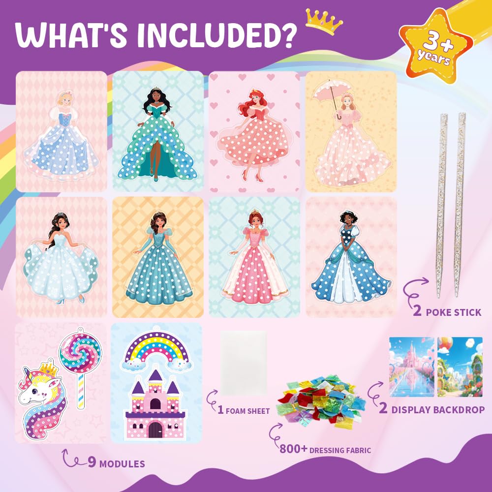 RAJRNED Poke in Fun Magical Princesses Kit, Arts and Crafts for Girls with 8 Magical Princesses & 9 Accessories, Mess-Free Fun for Kids, DIY Craft Kits, Gifts for Girls & Boys Ages 3-12 RAJRNED