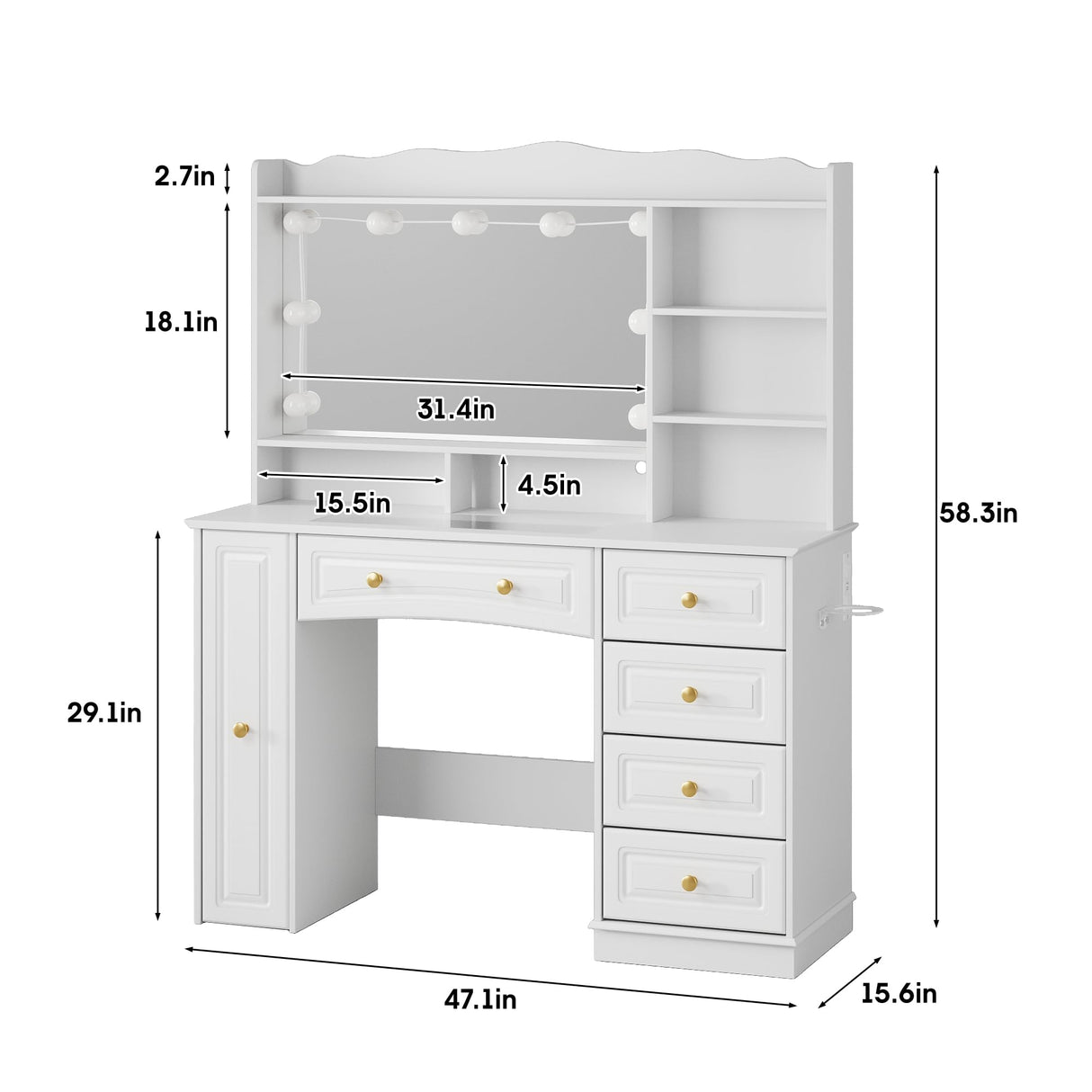 Maupvit 47.1" Makeup Vanity with Mirror and Lights,White Vanity Desk with Drawers and Shelves,Large Makeup Table with Glass Top,Bedroom Dressing Table Maupvit