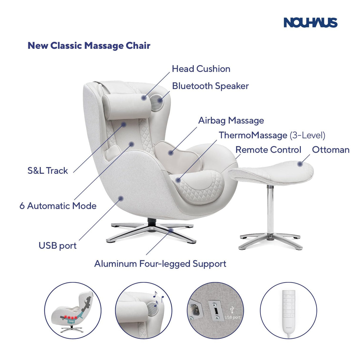 Nouhaus Classic Massage Chair with Ottoman. White Leather Lounge Chair, with Percussive & Shiatsu Chair Massager, Bluetooth Speaker and Recliner. Cozy Bedroom Chair with Spot and Full Body Massager Nouhaus