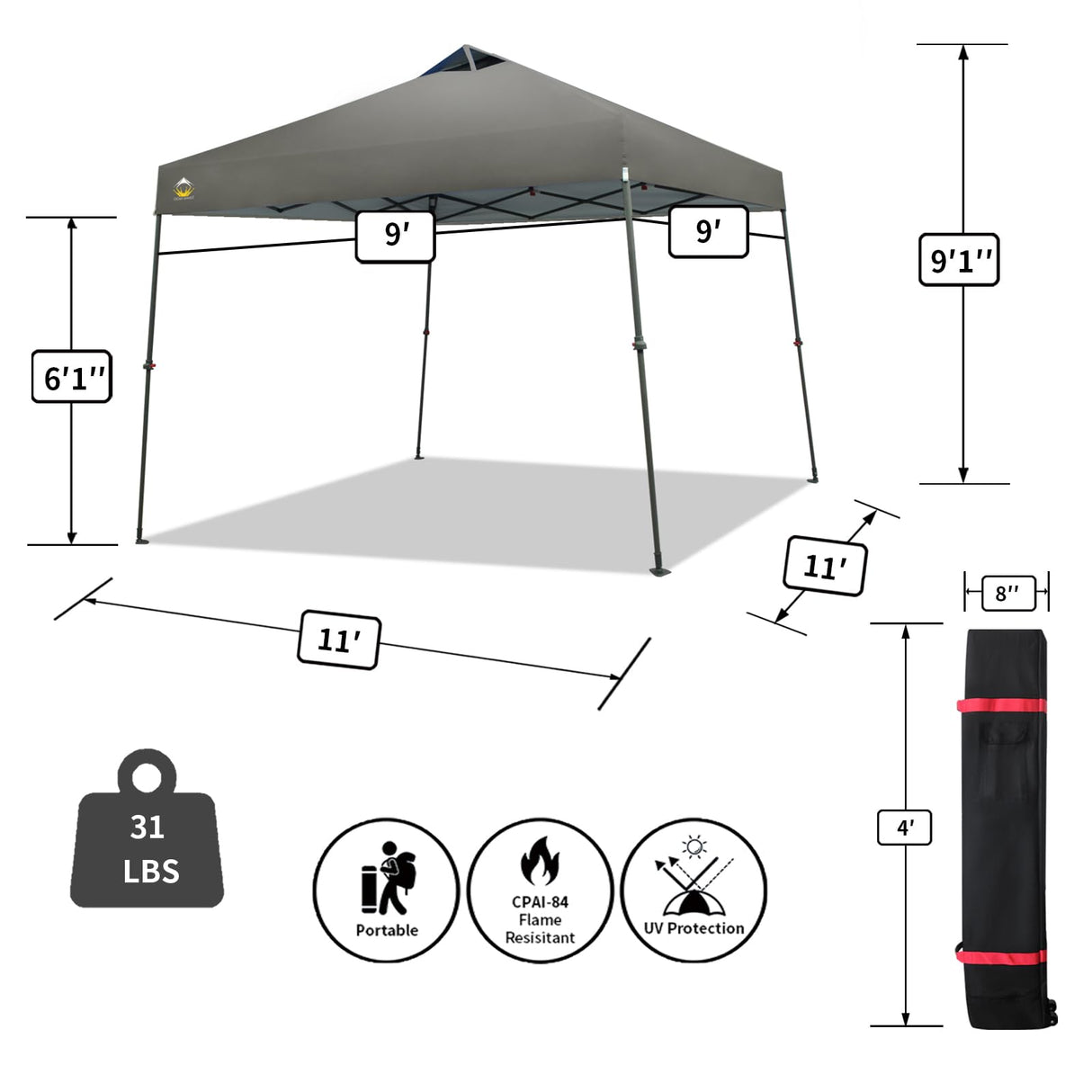 CROWN SHADES 9x9 Pop Up Canopy - Beach Tent with One Push Setup - Easy Outdoor Sun Shade for Events, Parties, Camping - Gazebo with STO-N-Go Cover Bag, Silver Coated Top, Gray CROWN SHADES