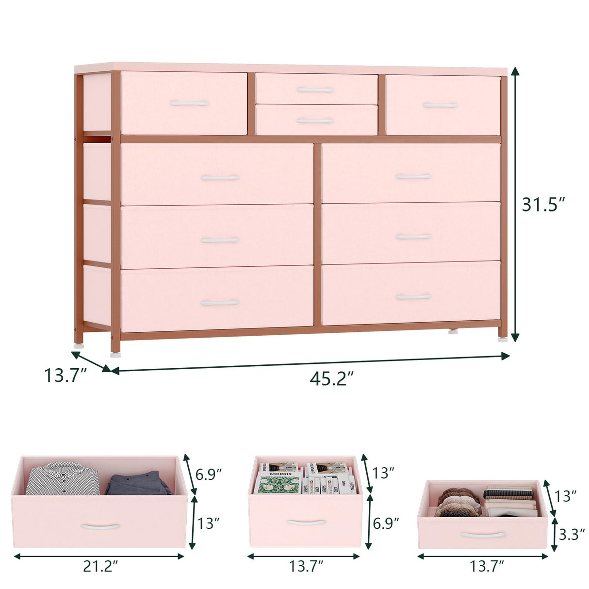 Jojoka Wide 10 Drawer Dresser,TV Stand Entertainment Center Fabric Storage Dressers Drawers for Bedroom, Hallway, Nursery, Closets, Steel Frame, Wood Top (Pink) Jojoka