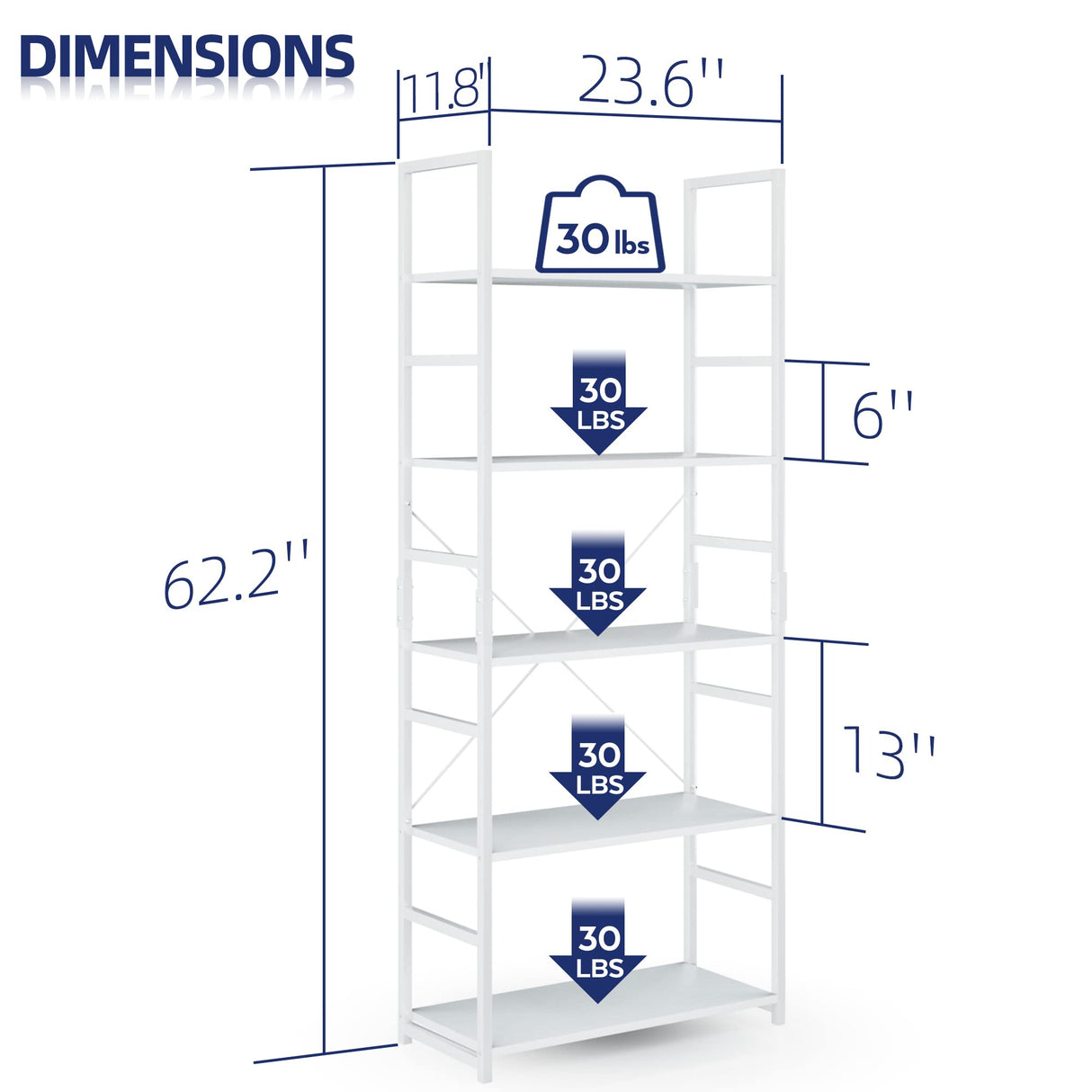 NUMENN 5 Tier Bookshelf, Tall Bookcase Shelf Storage Organizer, Modern Book Shelf for Bedroom, Living Room and Home Office, White NUMENN
