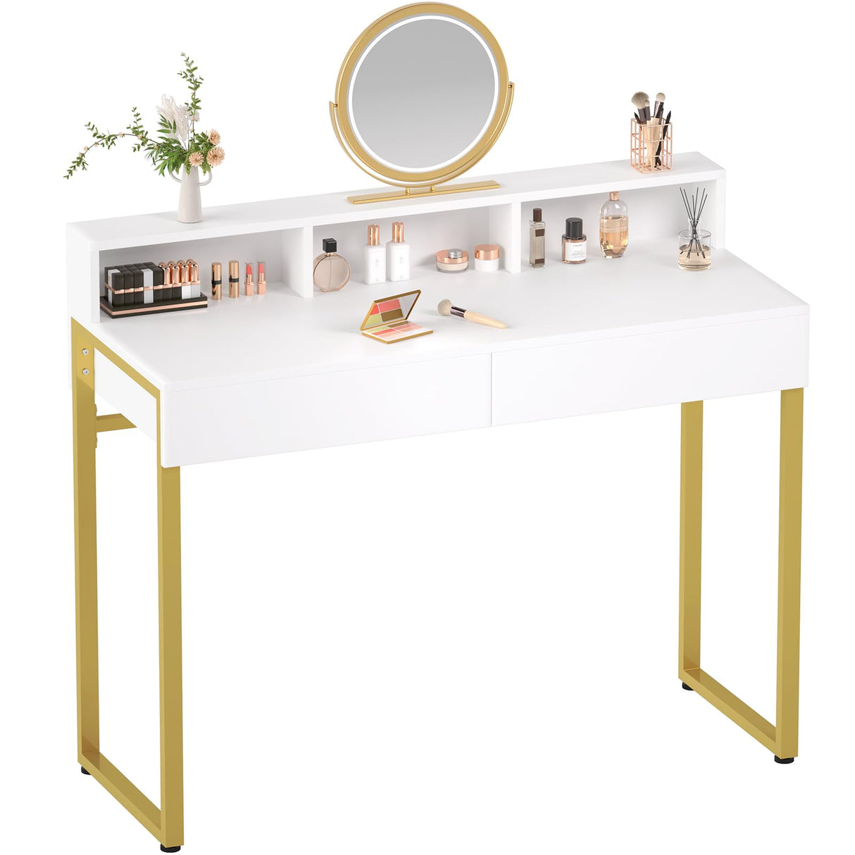 GreenForest Vanity Desk with 2 Drawers, White Makeup Desk with 3 Storage Spaces, 40 inch Small Desk with Gold Metal Legs, Modern Home Office Desk for Kids, Bedroom (No Mirror) GreenForest