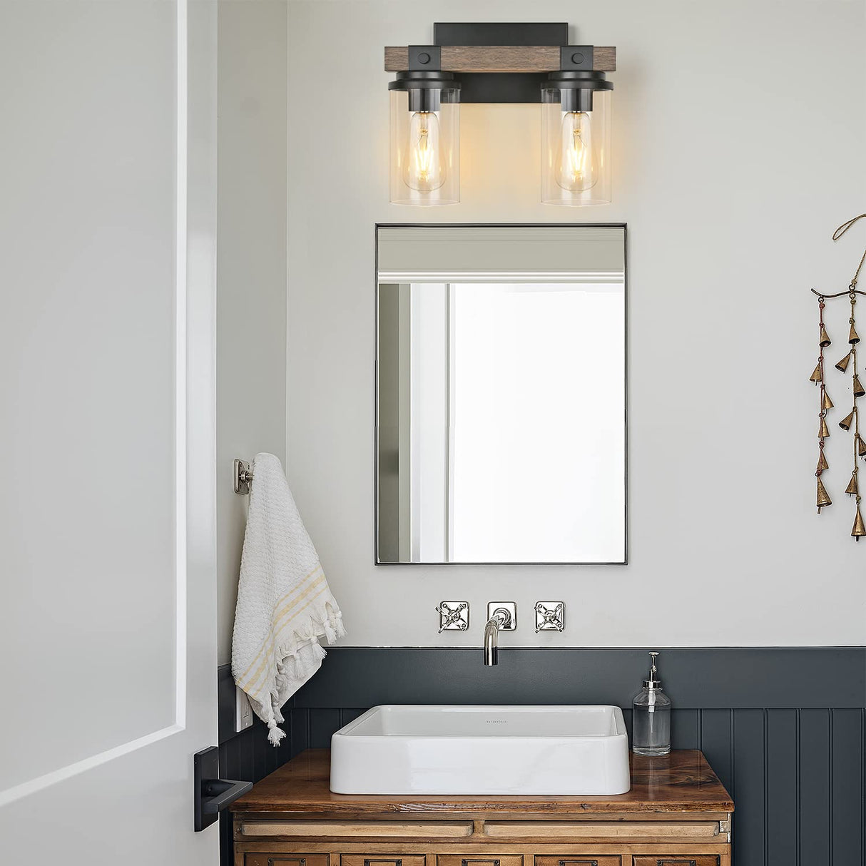Farmhouse Bathroom Light Fixture Wood Black Vanity Lighting 2-Light Wooden Wall Sconce Industrial Rustic Wall Light Fixtures Over Mirror with Clear Glass Shade for Bathroom Hallway Kitchen Bedroom GoYeel