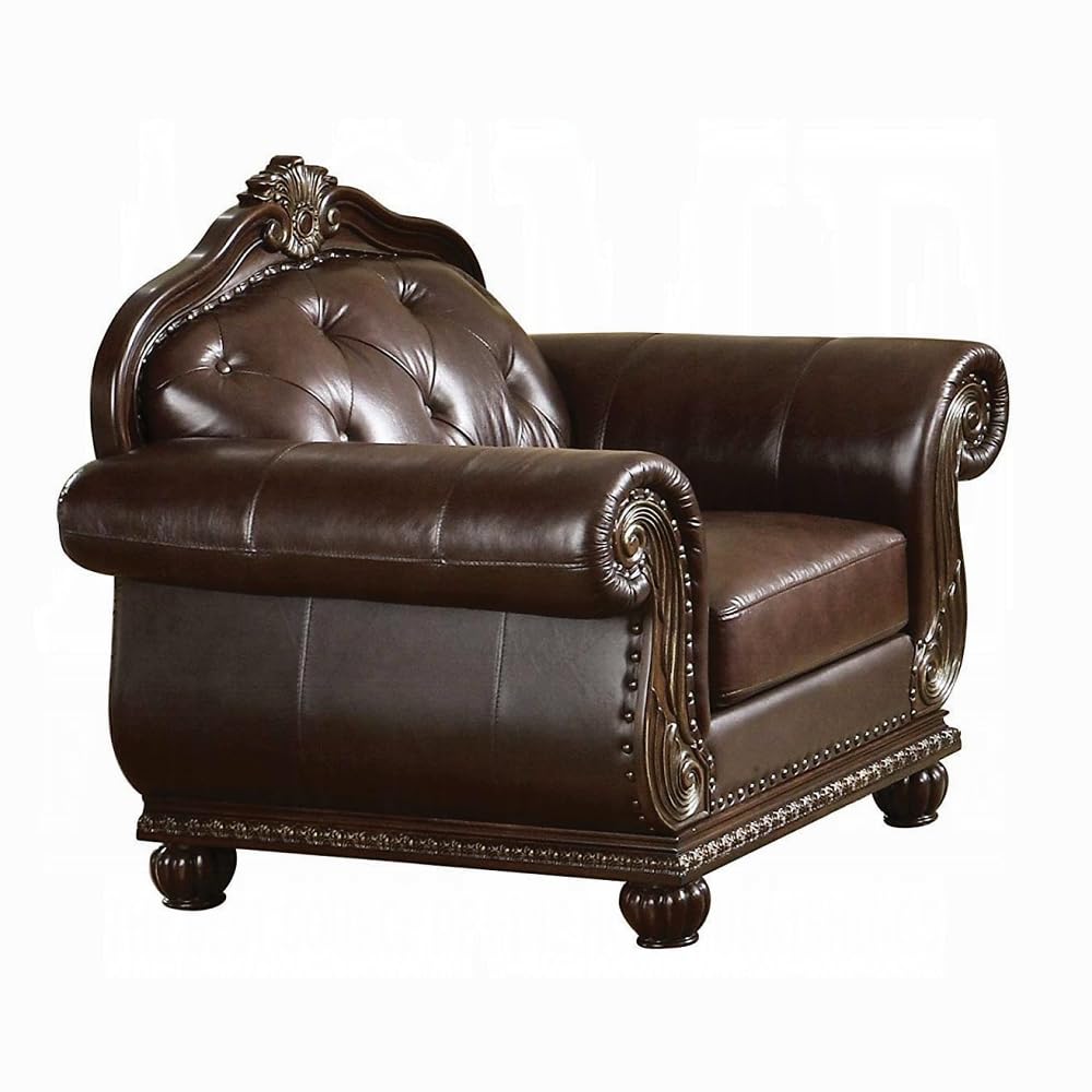 Top Grain Leather Traditional 4-Piece Formal Living Room Set: Luxury Sofa, Loveseat, Single Chair and Coffee Table, Espresso Match with Cherry Finish, Button Tufted Back & Nailhead Trim Generic