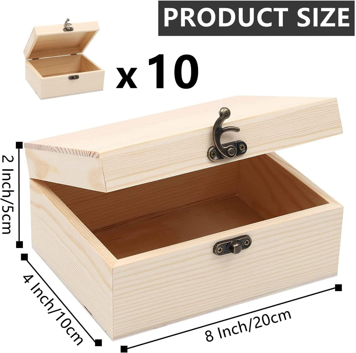 RHBLME 10 PACK Wooden Box with Hinged Lid, Unfinished Unpainted Wooden Boxes for Crafts, Large Wooden Box Unfinished Wood Box for DIY Storage Jewelry Plain Pine Box RHBLME
