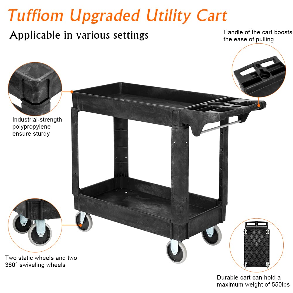 TUFFIOM Plastic Service Utility Cart with Wheels, 550lbs Capacity Heavy Duty Tub Storage Cart W/Deep Shelves, Multipurpose Rolling 2-Tier Mobile TUFFIOM