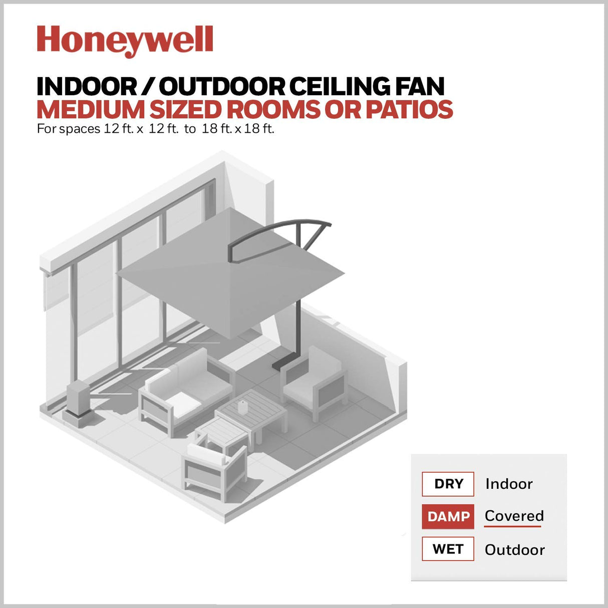Honeywell Ceiling Fans Inland Breeze, 52 Inch Tropical Indoor Outdoor Ceiling Fan with Light, Pull Chain, Three Mount Options, Weather Resistant Blades - 50511-01 (White) Honeywell Ceiling Fans