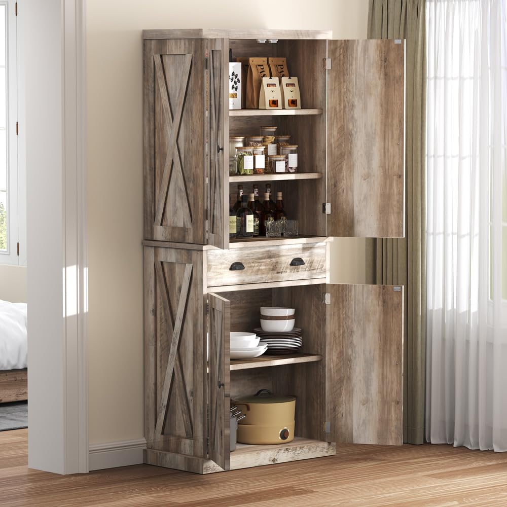 DWVO Kitchen Pantry with Doors, 72'' Tall Farmhouse Wood Kitchen Storage Cabinets with Adjustable Shelves & Drawer, Freestanding Cupboard for for Kitchen, Dining Room, Living Room, Light Rustic Oak DWVO