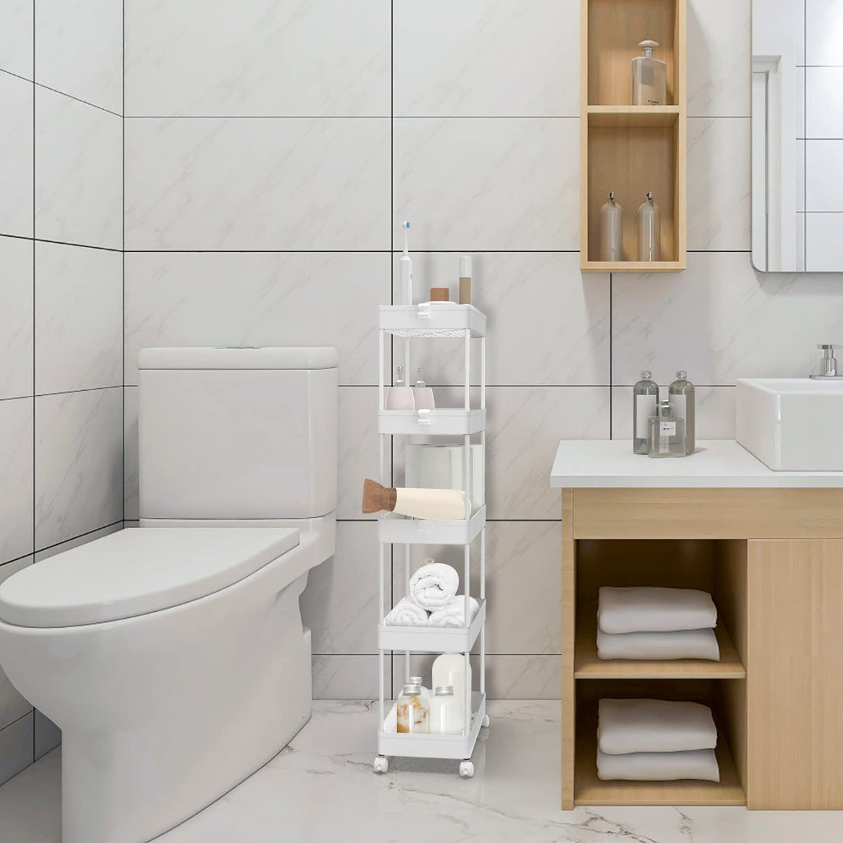 SPACEKEEPER 5-Tier Storage Cart Organizer Rolling Utility Cart, Mobile Shelving Unit Slide Out Storage Shelves for Kitchen Living Room Bathroom Laundry Room & Dressers, White SPACEKEEPER