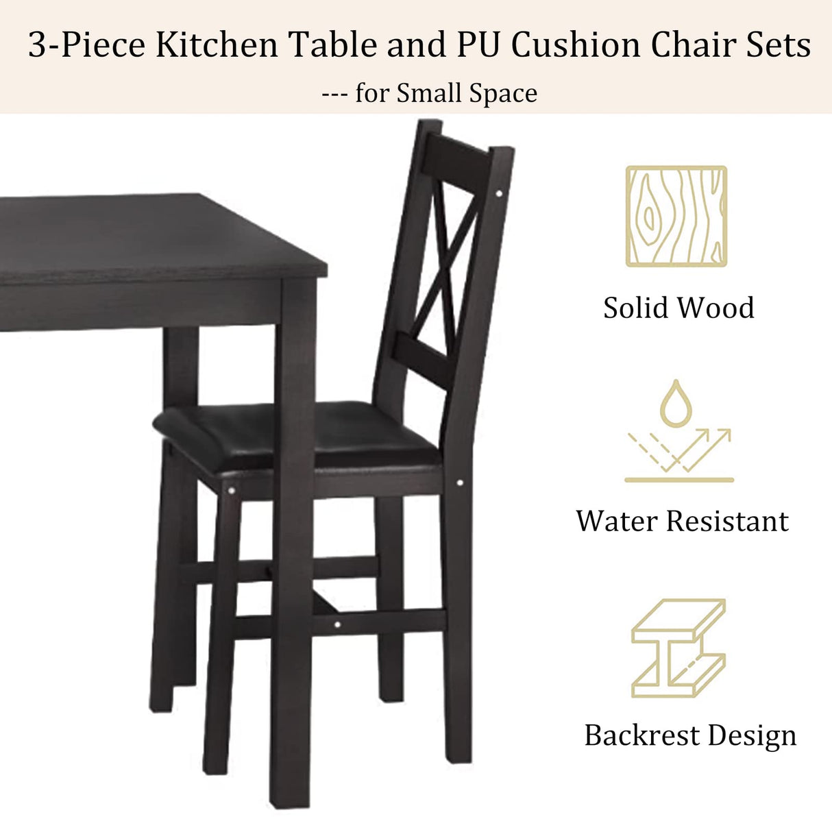 Hudada Kitchen Table Set 3 Piece Dining Table Set Sturdy Wooden Square Table and Chair Breakfast Table Set for 2 Person, Small Dining Room Table Set Hudada